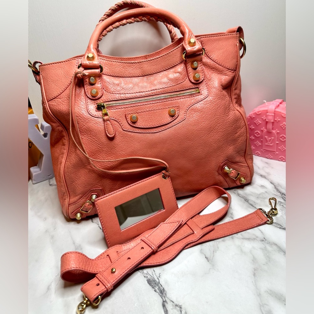 EUC Balenciaga Pink Peach Leather Large Motorcycle City Bag